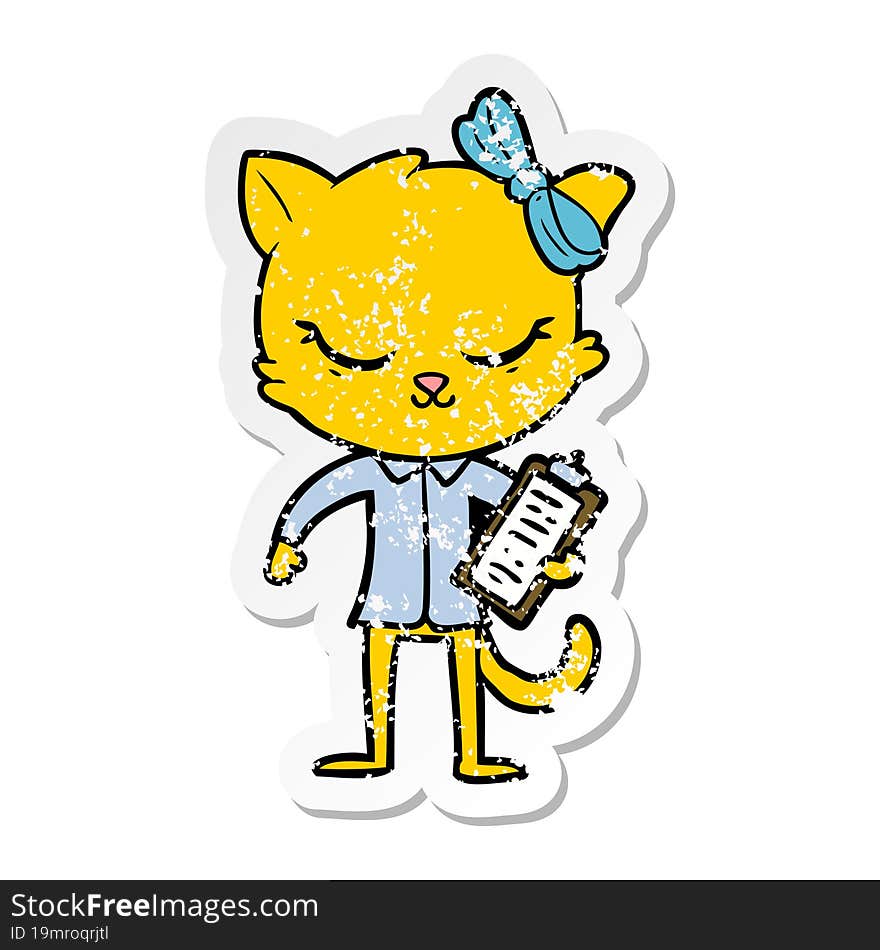 distressed sticker of a cute cartoon business cat with bow