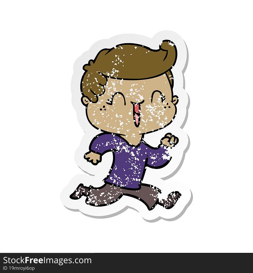 distressed sticker of a cartoon laughing boy