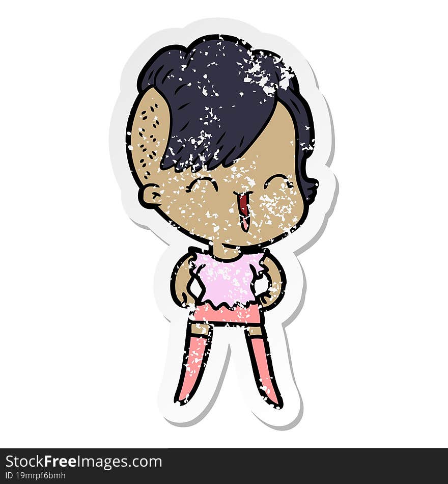 distressed sticker of a cartoon happy hipster girl