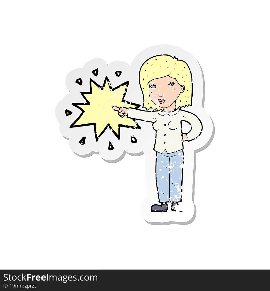 retro distressed sticker of a cartoon woman accusing