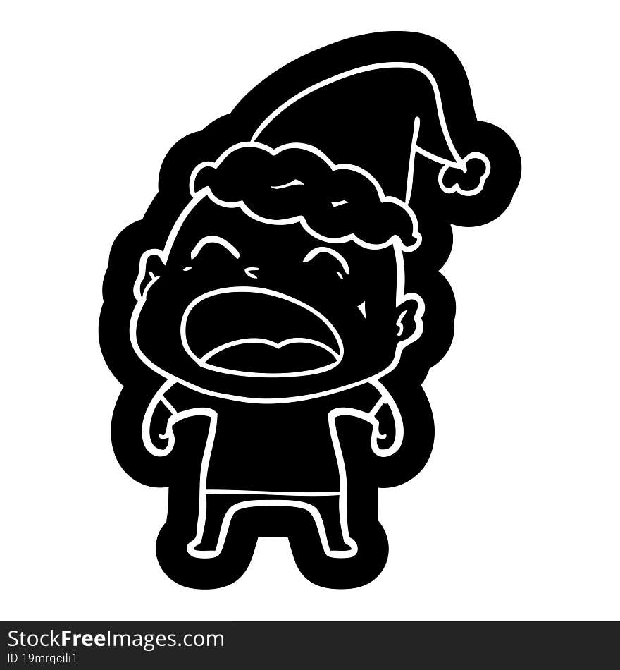 quirky cartoon icon of a shouting bald man wearing santa hat