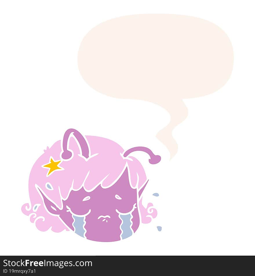 cartoon alien space girl face crying and speech bubble in retro style