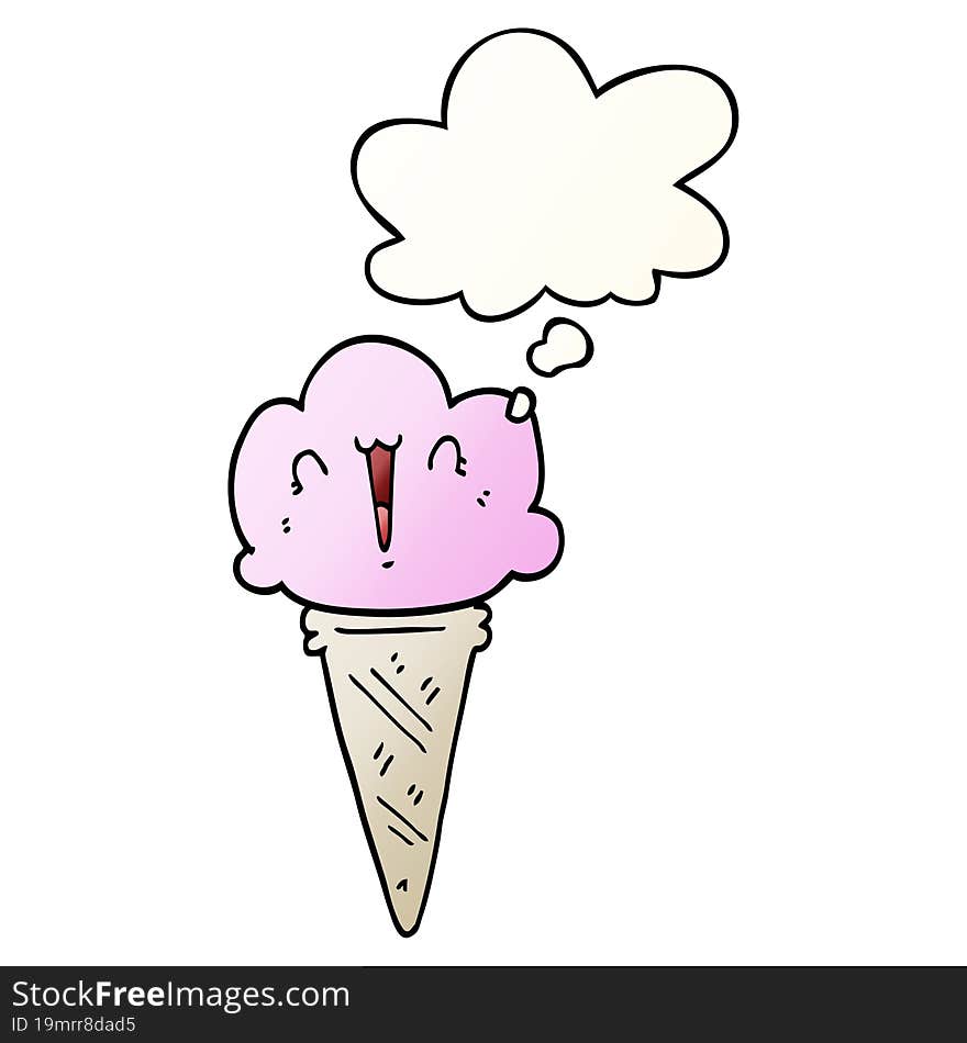 Cartoon Ice Cream With Face And Thought Bubble In Smooth Gradient Style