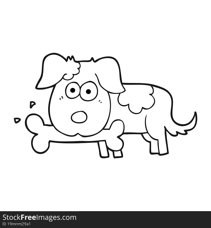 freehand drawn black and white cartoon dog with bone