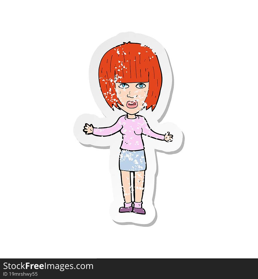 retro distressed sticker of a cartoon woman shrugging shoulders