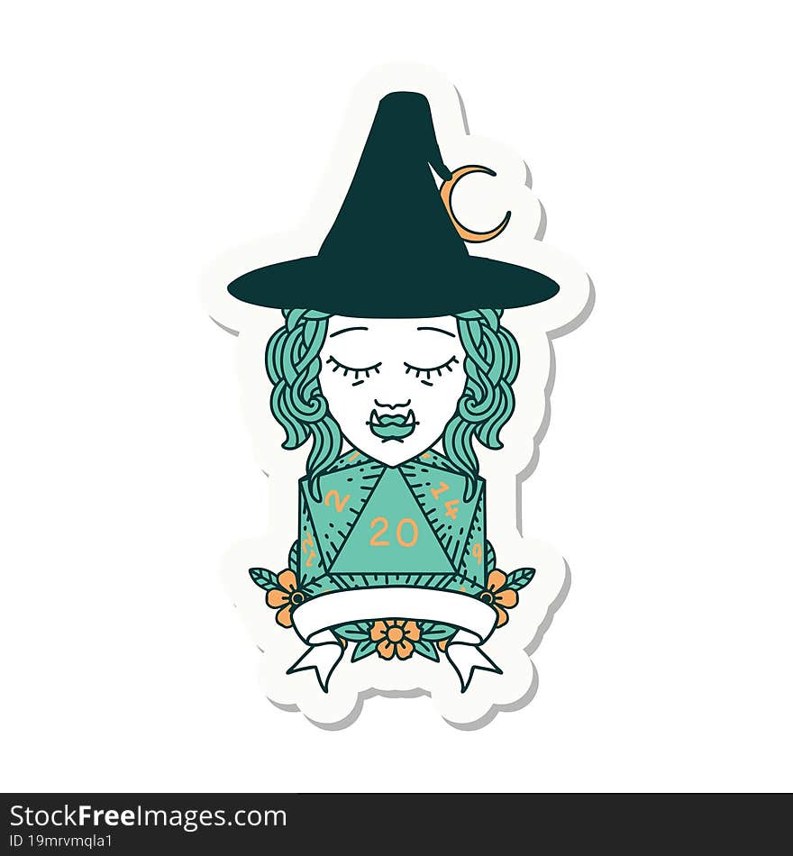 sticker of a half orc witch character with natural 20 dice roll. sticker of a half orc witch character with natural 20 dice roll