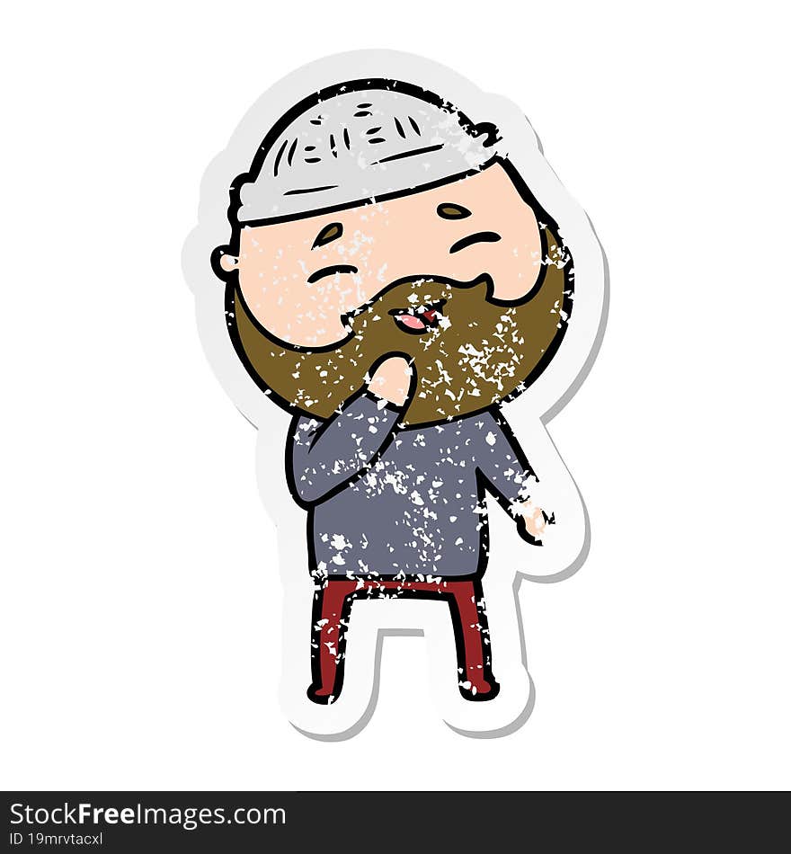 distressed sticker of a cartoon happy bearded man