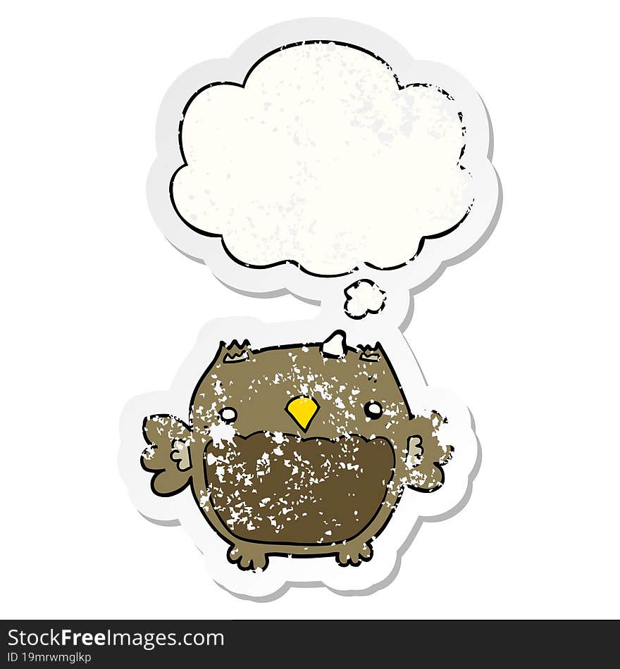 Cartoon Owl And Thought Bubble As A Distressed Worn Sticker