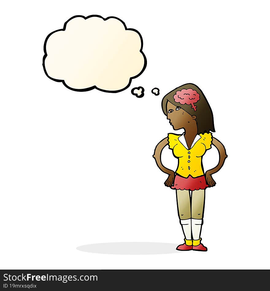 cartoon intelligent woman with thought bubble