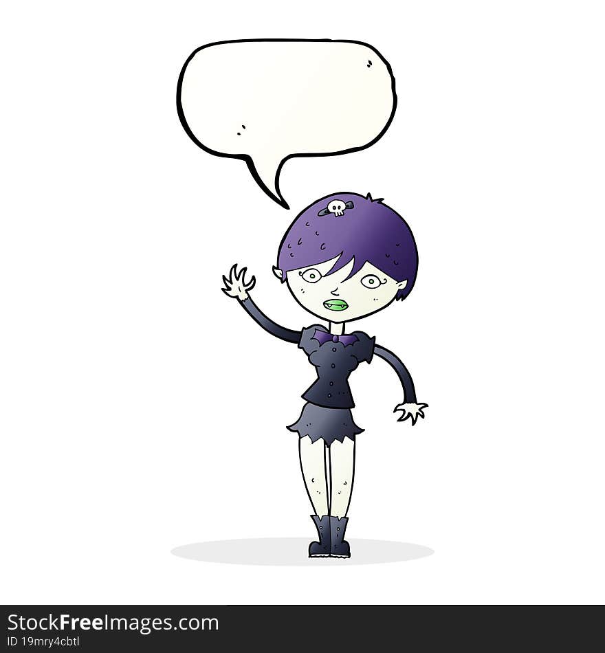 cartoon vampire girl waving with speech bubble