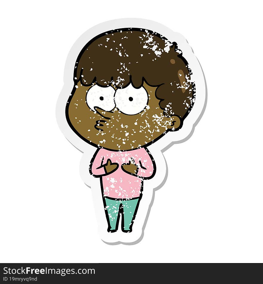 distressed sticker of a cartoon curious boy