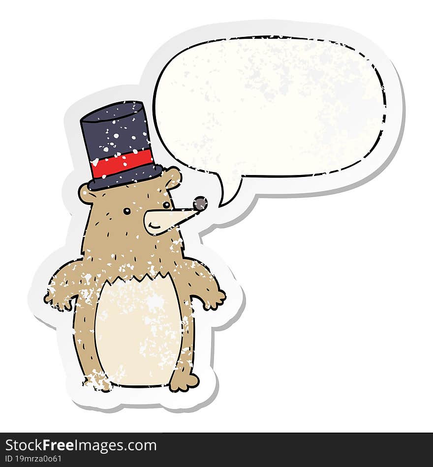 cartoon bear in top hat with speech bubble distressed distressed old sticker. cartoon bear in top hat with speech bubble distressed distressed old sticker