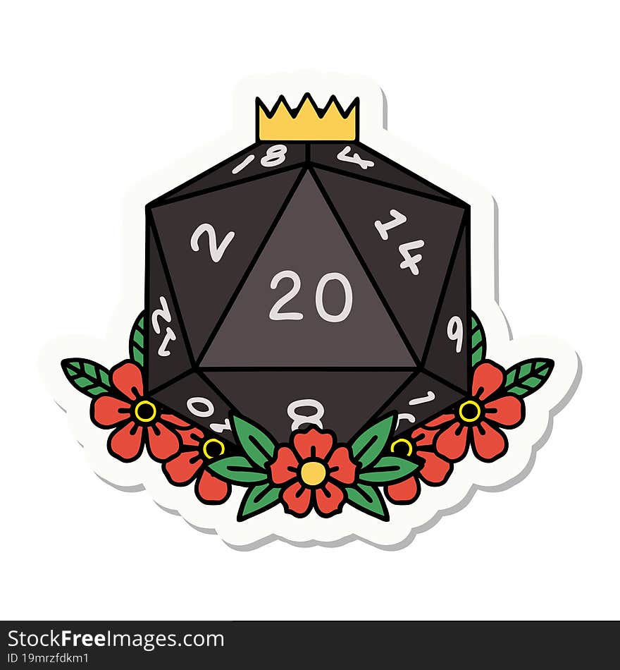 sticker of a natural 20 D20 dice roll with floral elements. sticker of a natural 20 D20 dice roll with floral elements