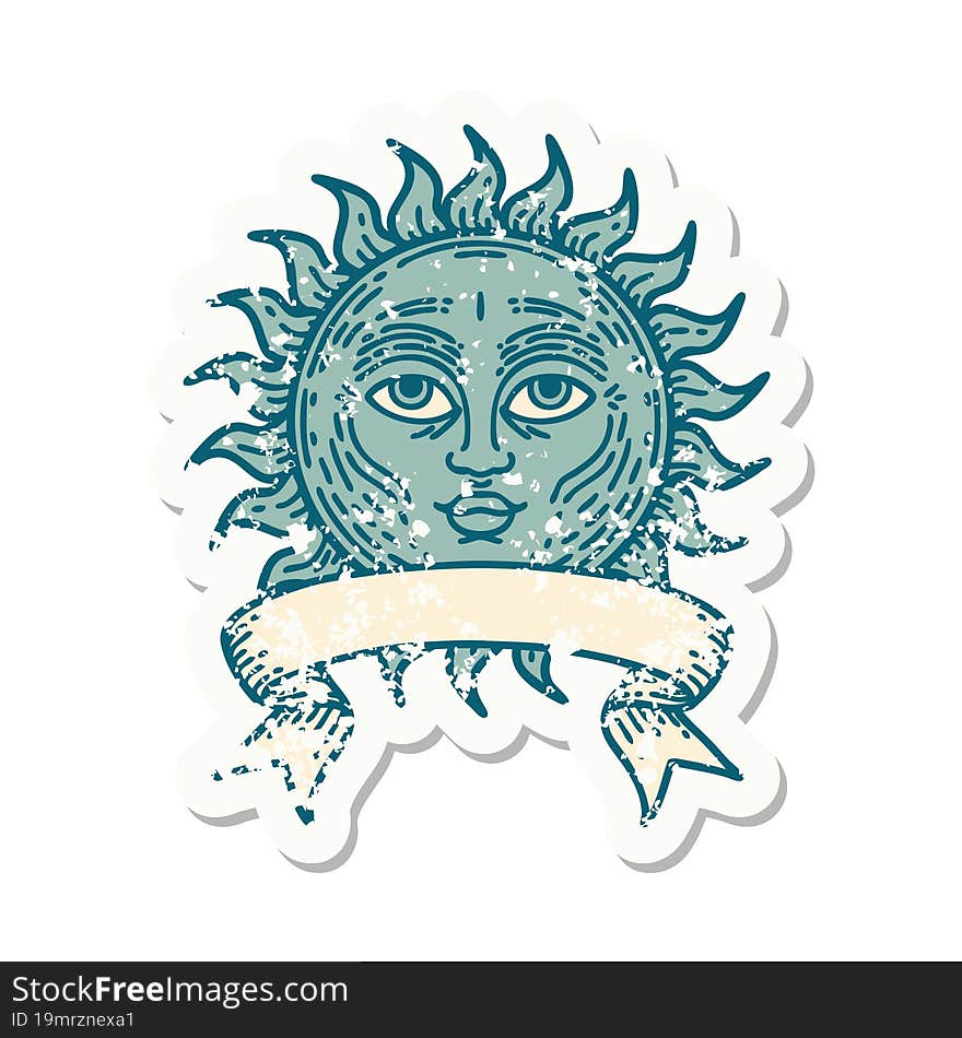 grunge sticker with banner of a sun with face