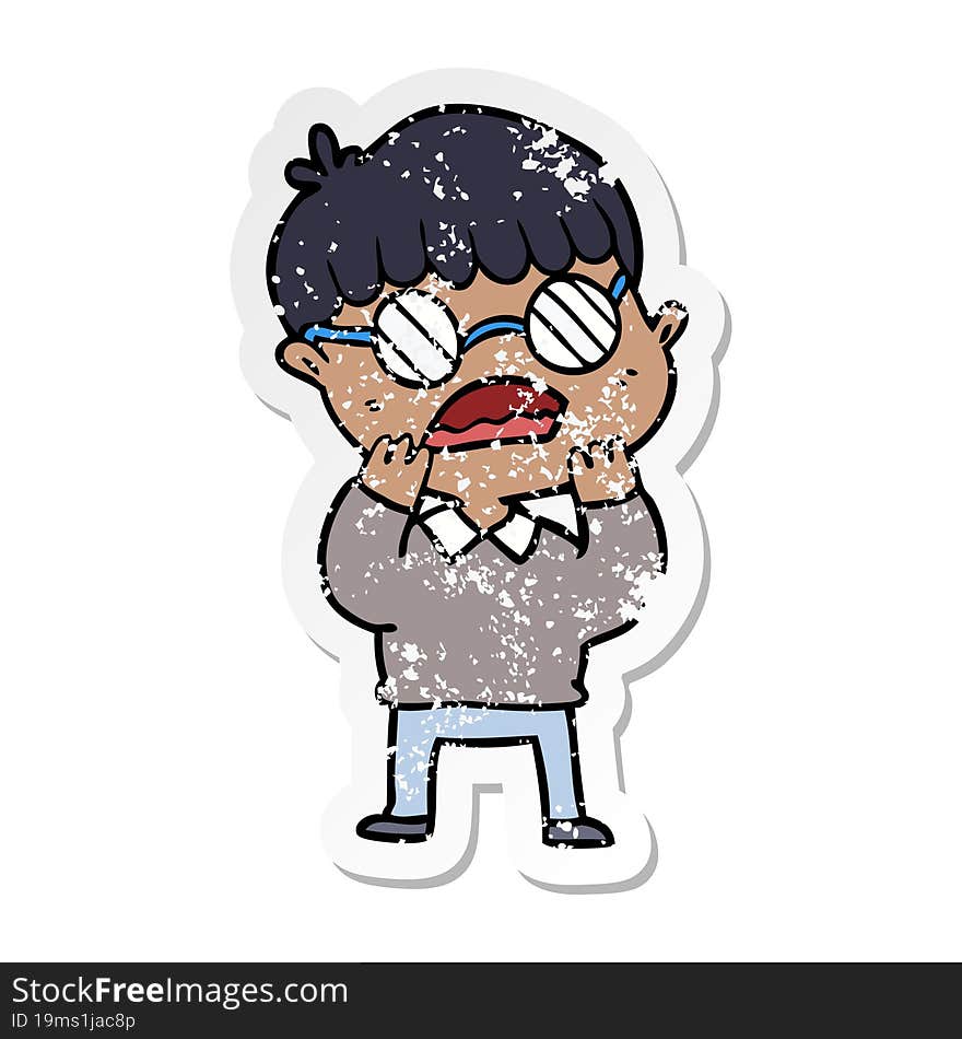 distressed sticker of a cartoon shocked boy wearing spectacles