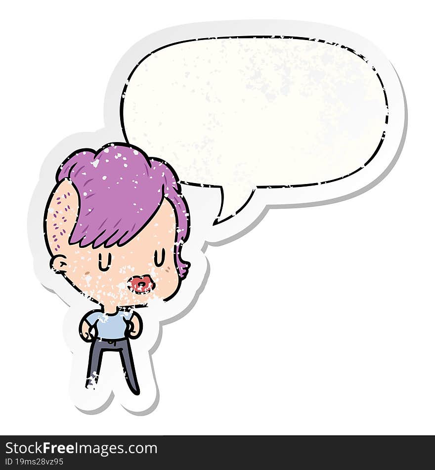 cartoon girl with punk hipster haircut with speech bubble distressed distressed old sticker. cartoon girl with punk hipster haircut with speech bubble distressed distressed old sticker