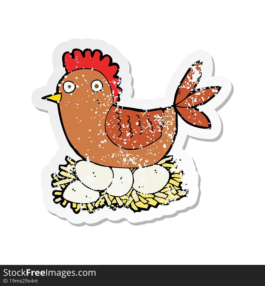 retro distressed sticker of a cartoon hen on eggs