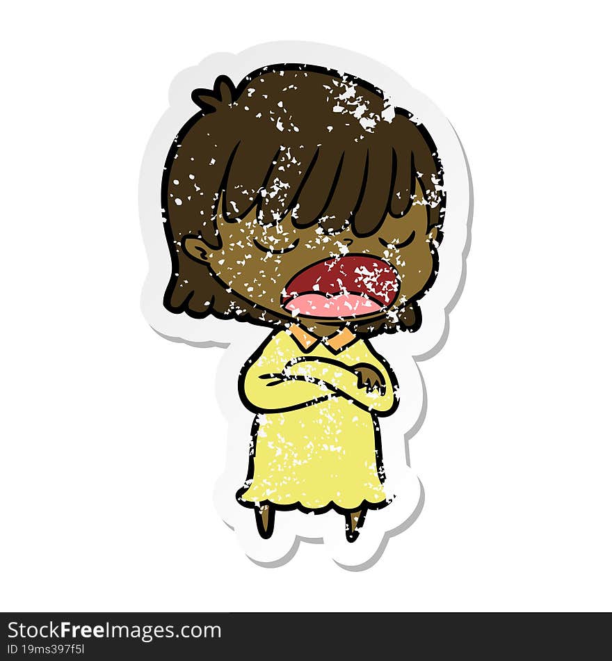 distressed sticker of a cartoon woman talking loudly