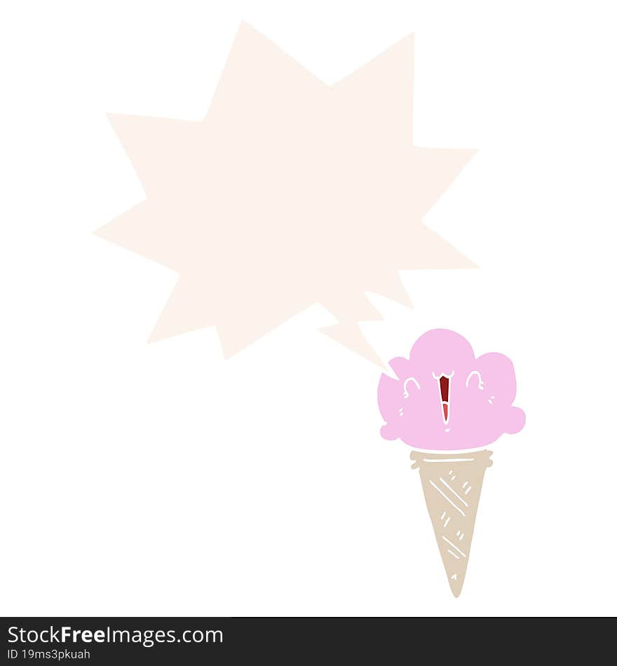 cartoon ice cream with face with speech bubble in retro style. cartoon ice cream with face with speech bubble in retro style