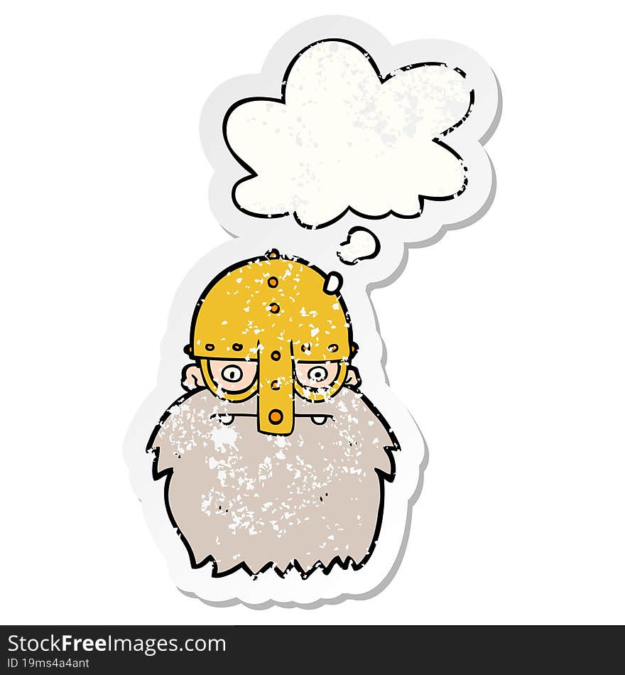 cartoon viking face with thought bubble as a distressed worn sticker