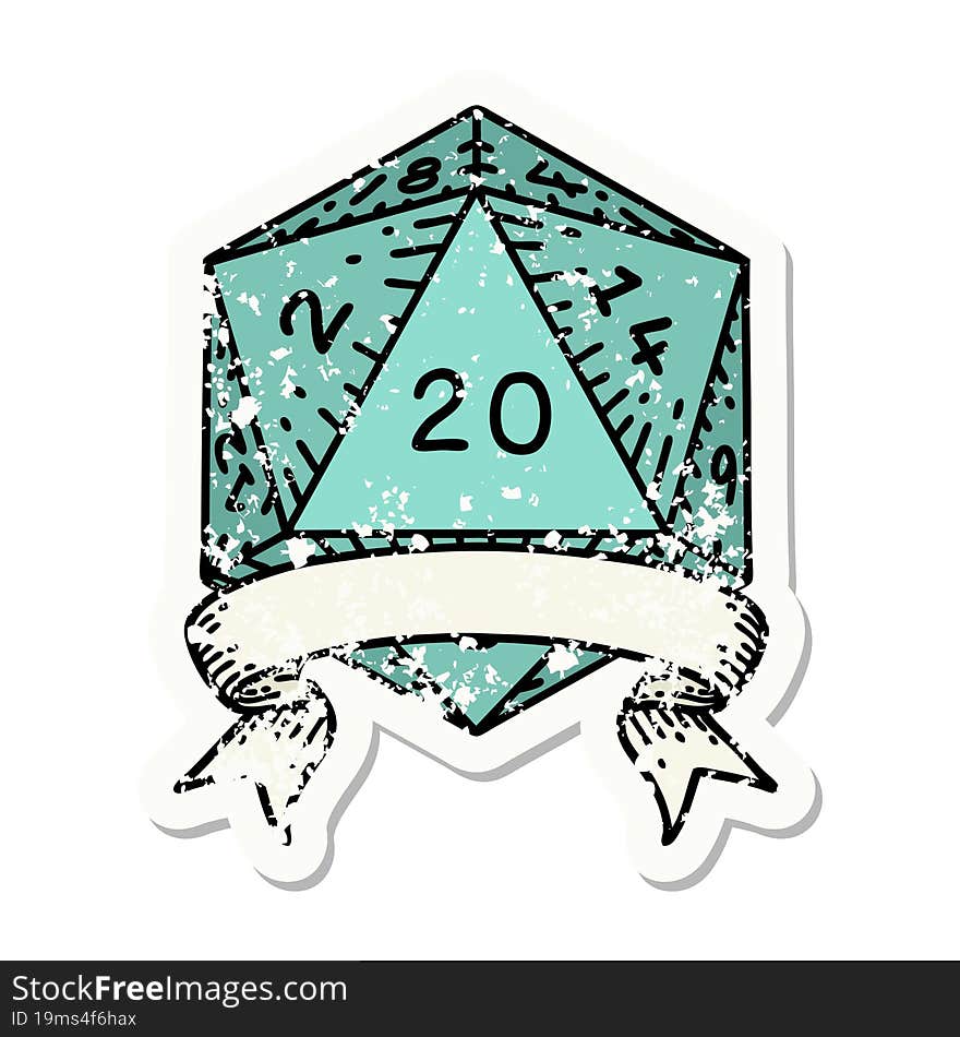 natural 20 critical hit D20 dice roll grunge sticker