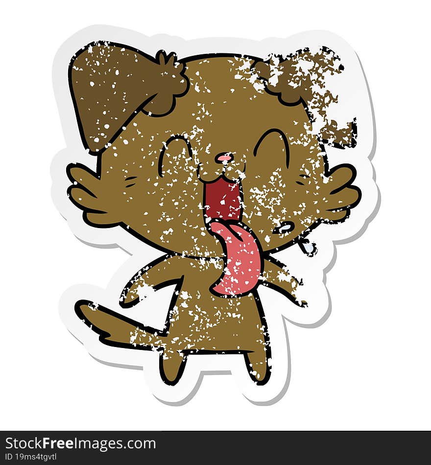 distressed sticker of a cartoon panting dog