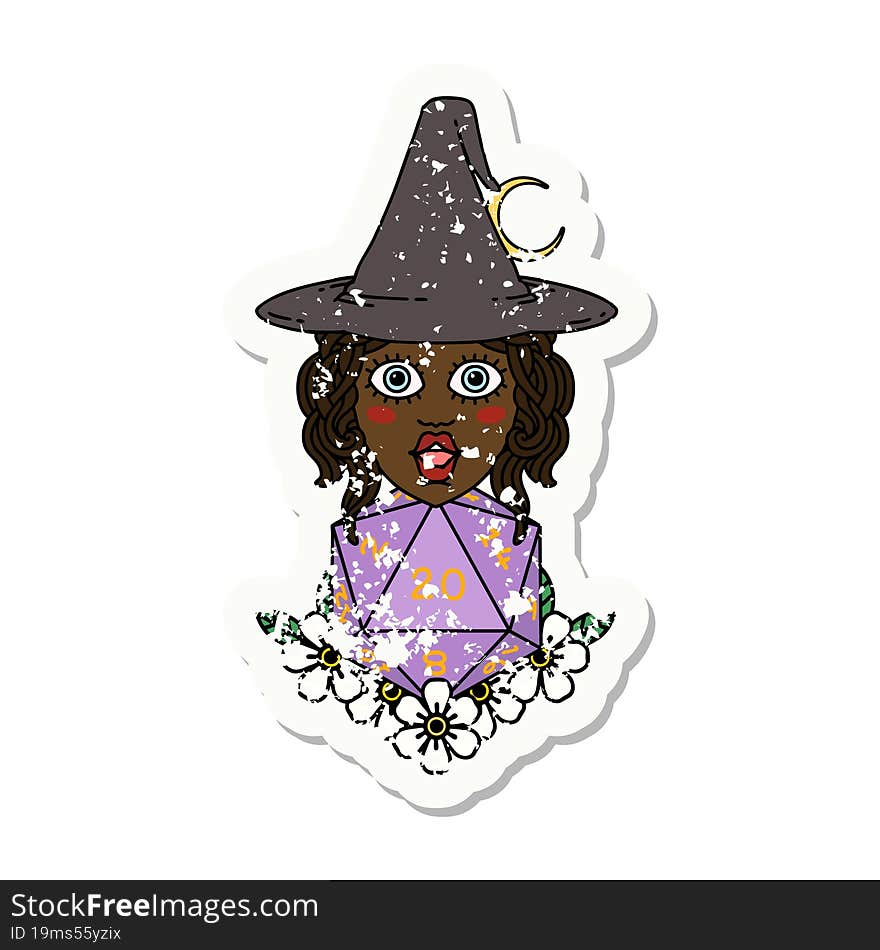 Retro Tattoo Style human witch with natural twenty dice roll. Retro Tattoo Style human witch with natural twenty dice roll