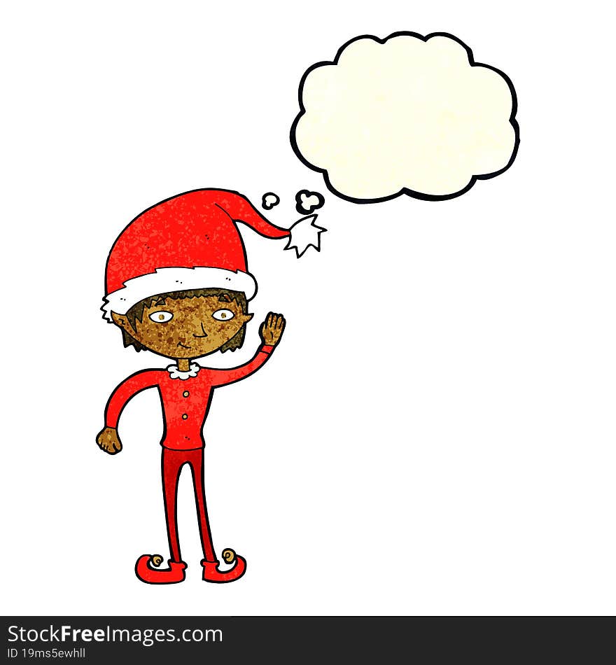 cartoon waving christmas elf with thought bubble