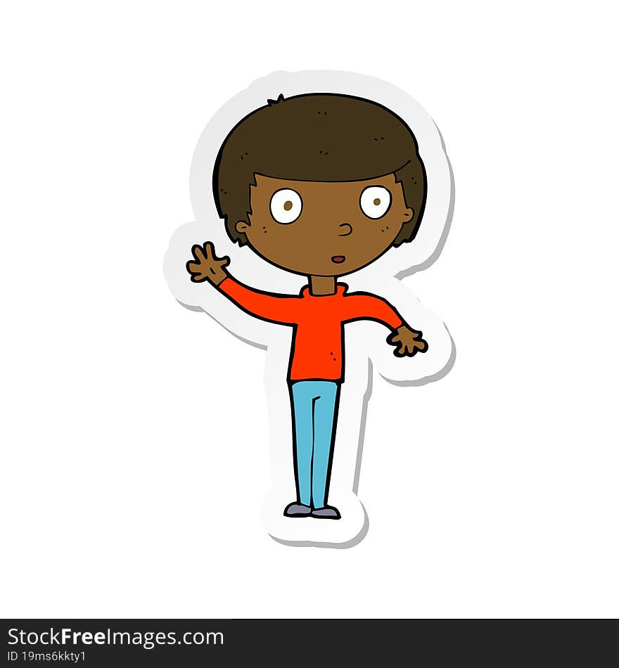 sticker of a cartoon waving boy