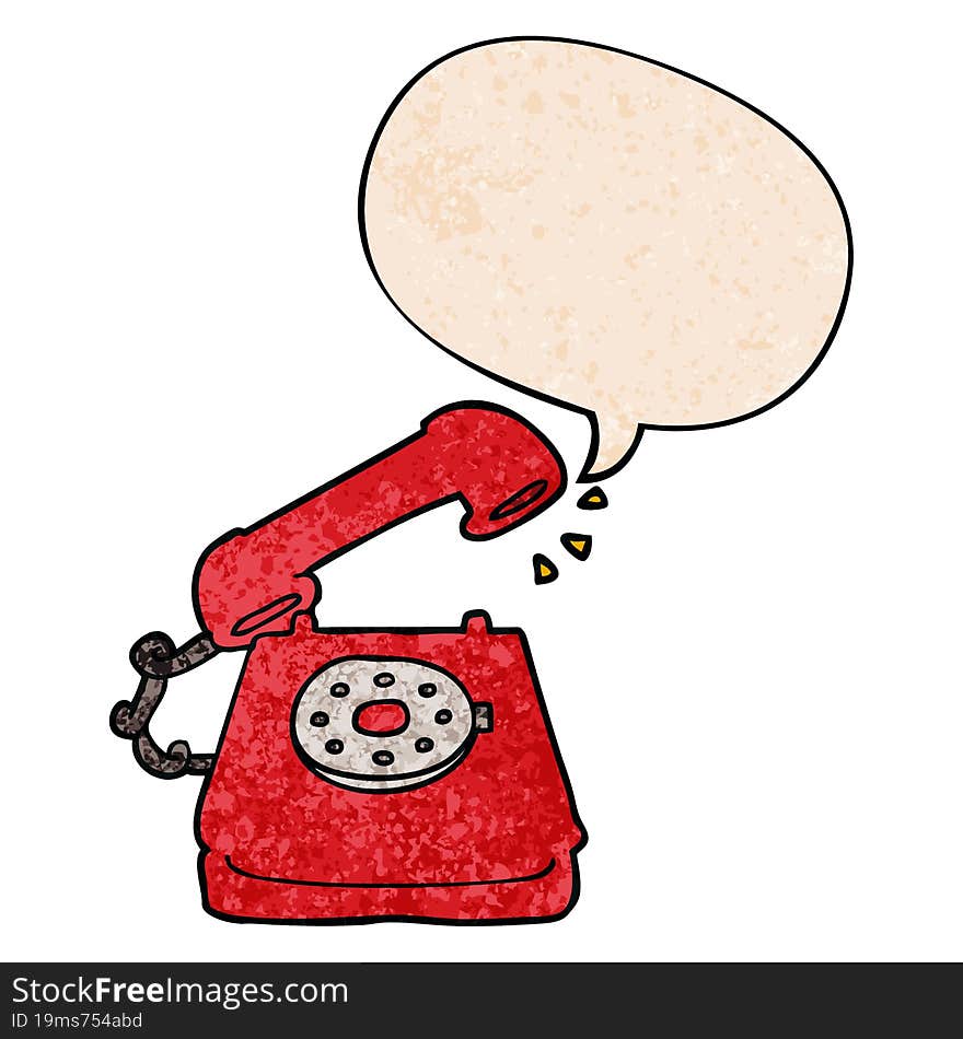 cartoon old telephone with speech bubble in retro texture style