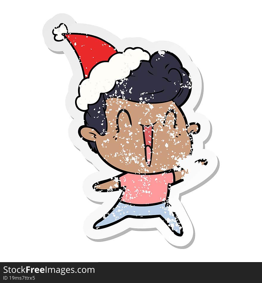 distressed sticker cartoon of a excited man wearing santa hat