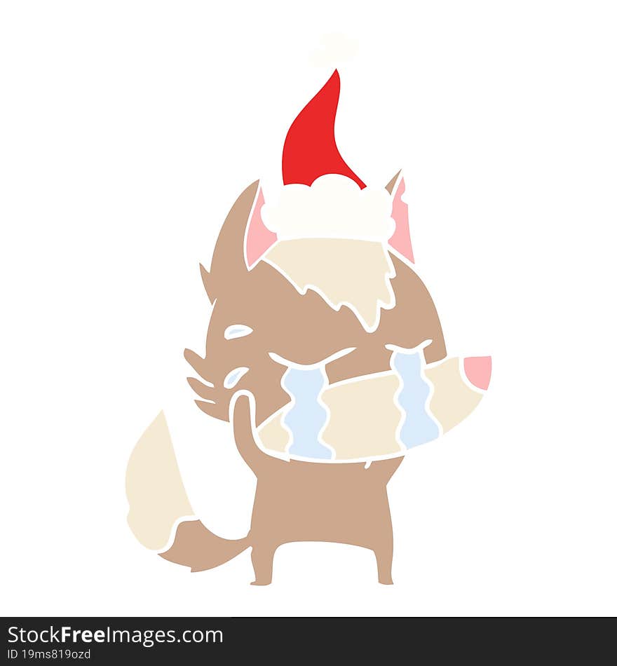 flat color illustration of a crying wolf wearing santa hat