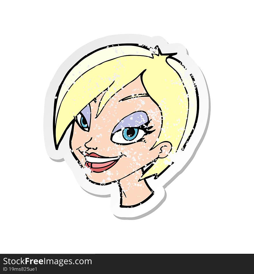 retro distressed sticker of a cartoon pretty female face