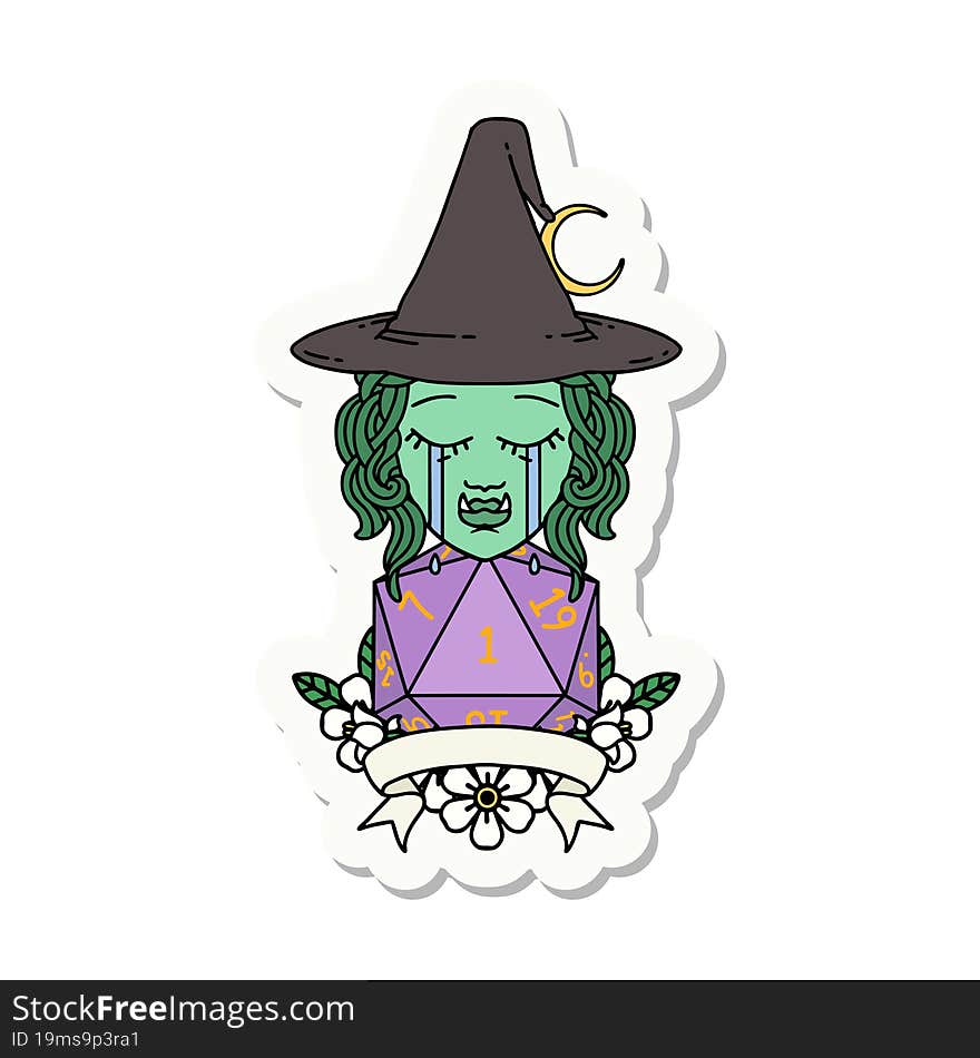 crying half orc witch character with natural one roll sticker