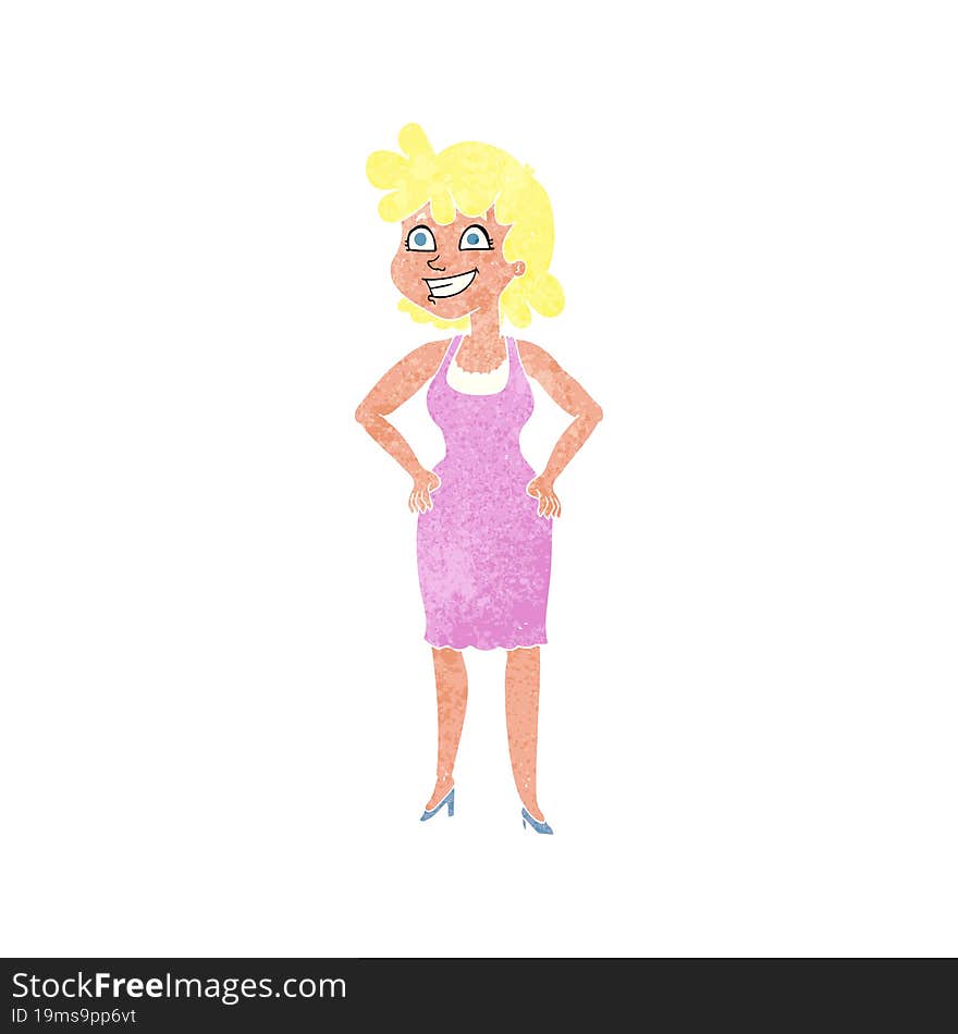 Retro Cartoon Happy Woman Wearing Dress