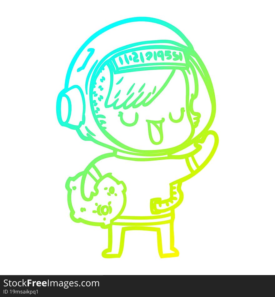 cold gradient line drawing of a cartoon astronaut woman