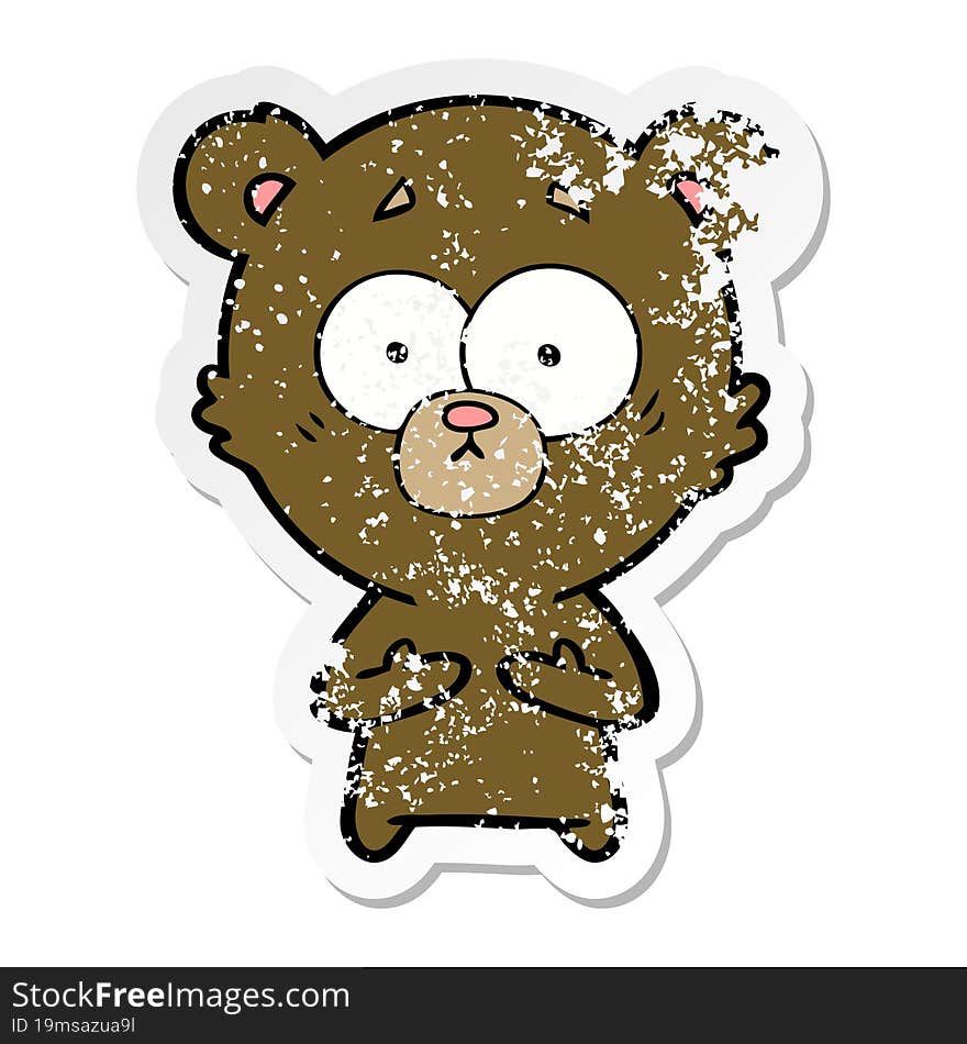 distressed sticker of a surprised bear cartoon