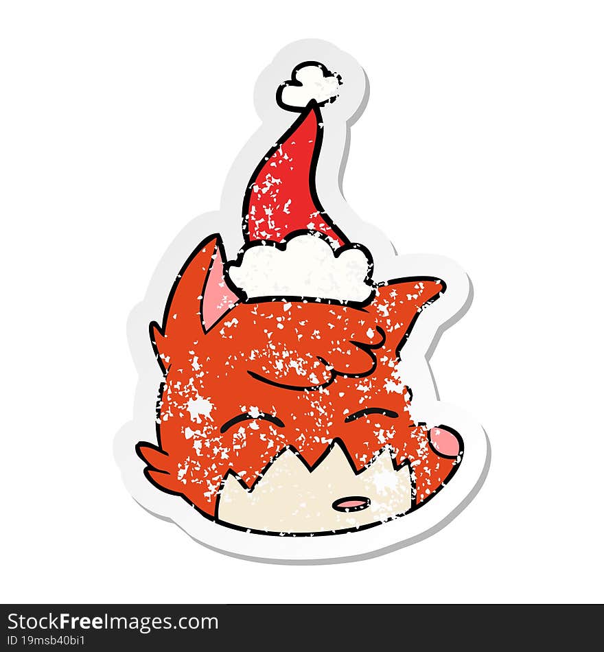 distressed sticker cartoon of a fox face wearing santa hat