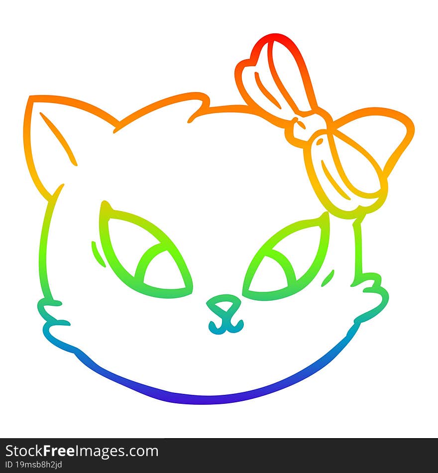 rainbow gradient line drawing of a cute cartoon cat with bow