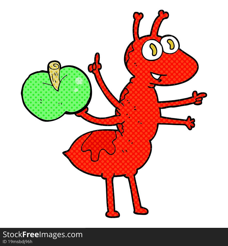 freehand drawn cartoon ant with apple