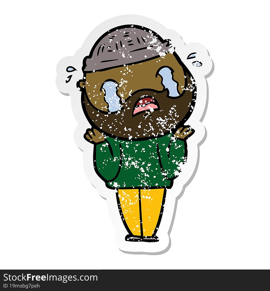 Distressed Sticker Of A Cartoon Bearded Man Crying