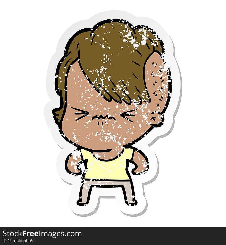 distressed sticker of a cartoon annoyed hipster girl