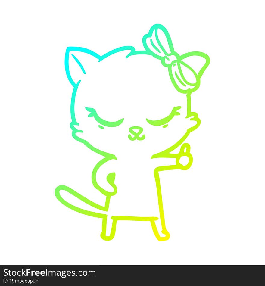 cold gradient line drawing cute cartoon cat with bow