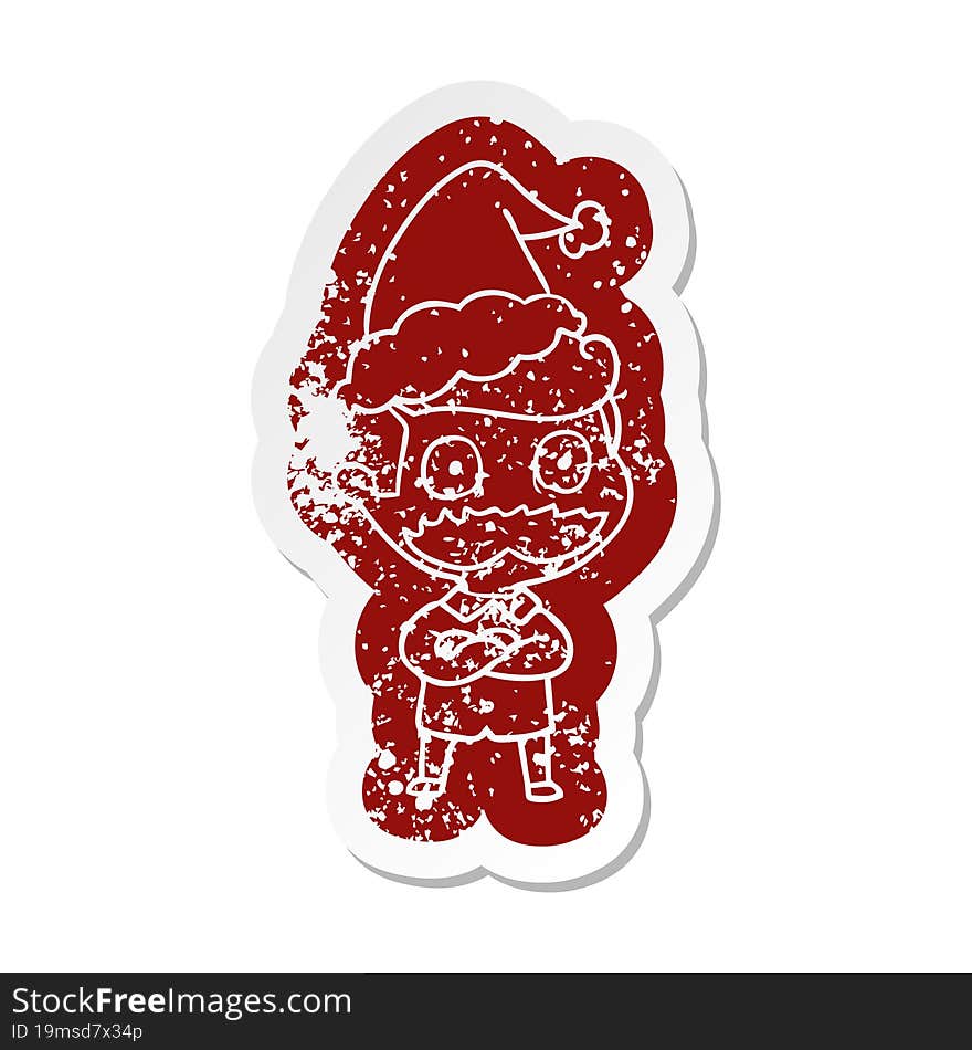 Cartoon Distressed Sticker Of A Man With Mustache Shocked Wearing Santa Hat