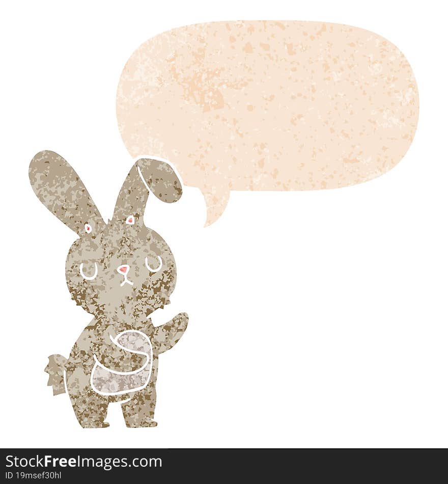 cute cartoon rabbit with speech bubble in grunge distressed retro textured style. cute cartoon rabbit with speech bubble in grunge distressed retro textured style