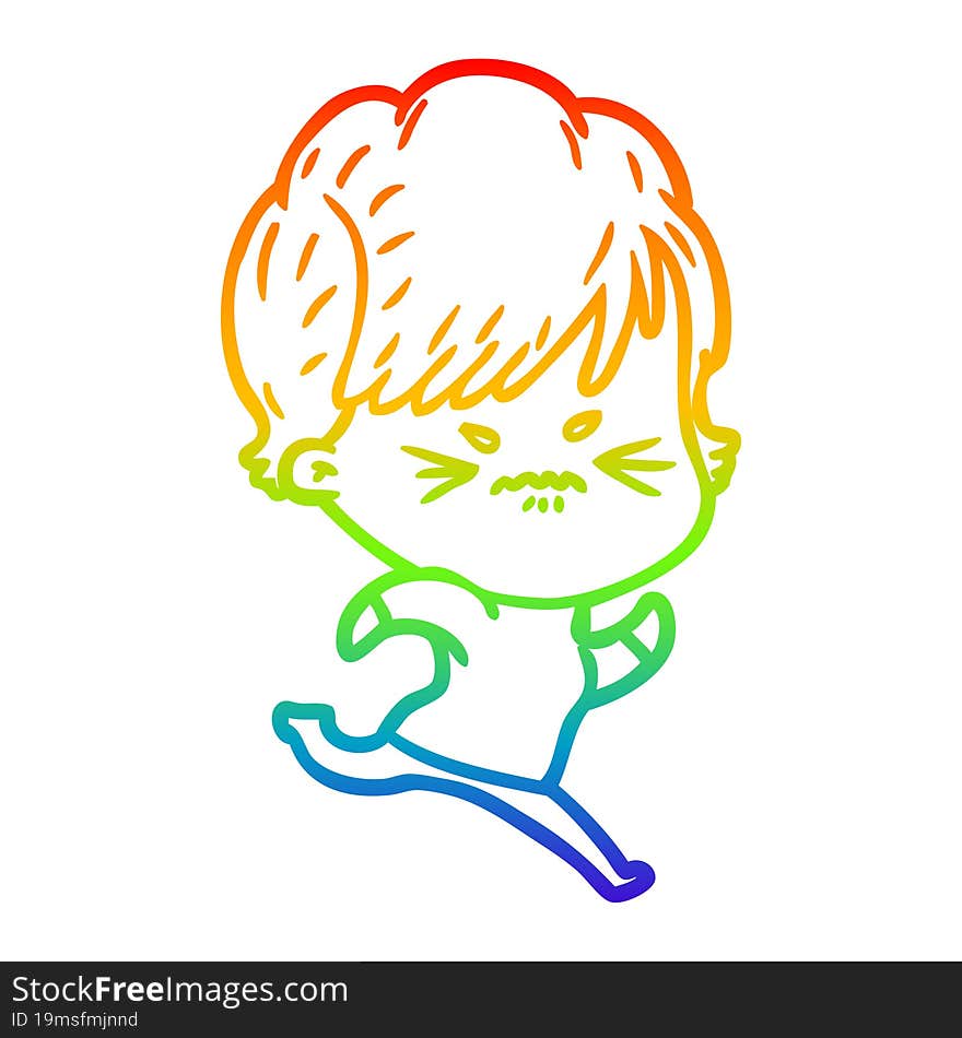 rainbow gradient line drawing cartoon frustrated woman