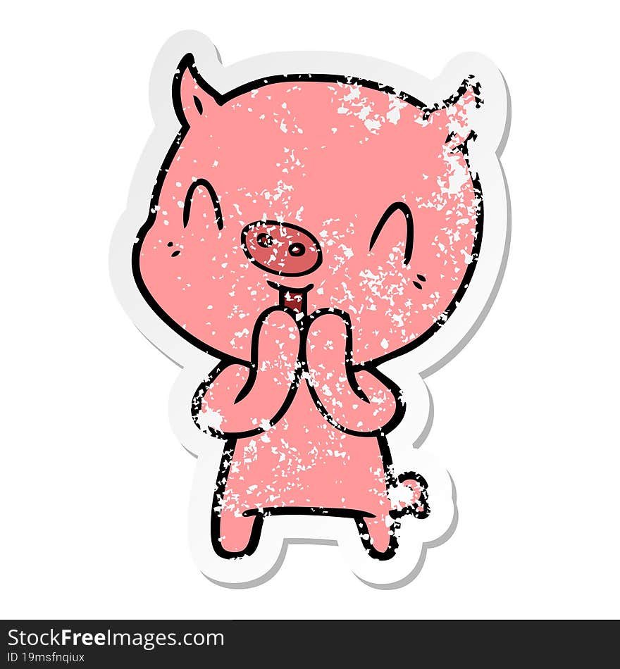 distressed sticker of a happy cartoon pig