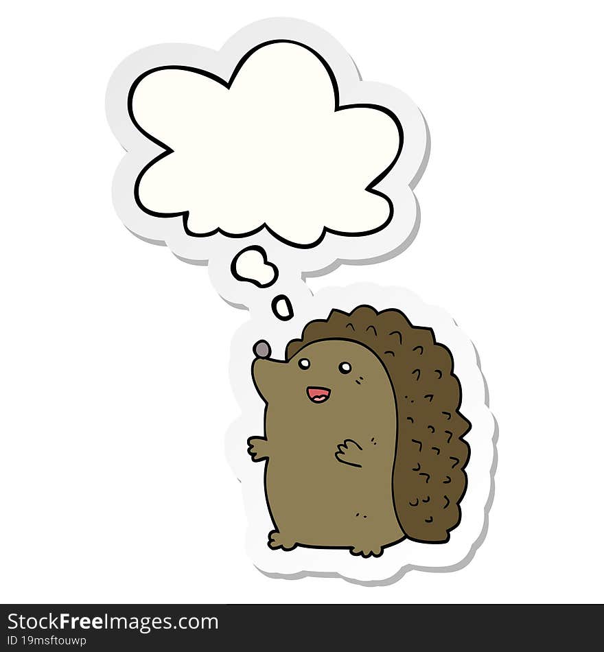 cartoon happy hedgehog and thought bubble as a printed sticker