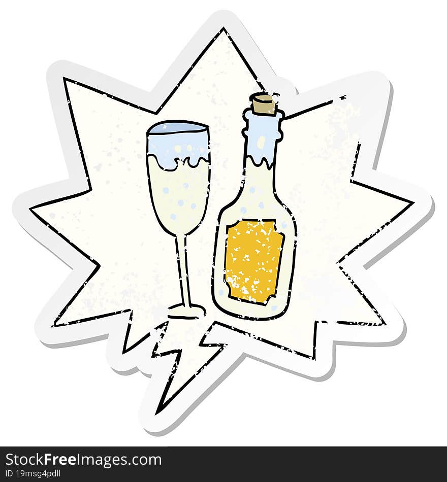 Cartoon Champagne Bottle And Glass And Speech Bubble Distressed Sticker