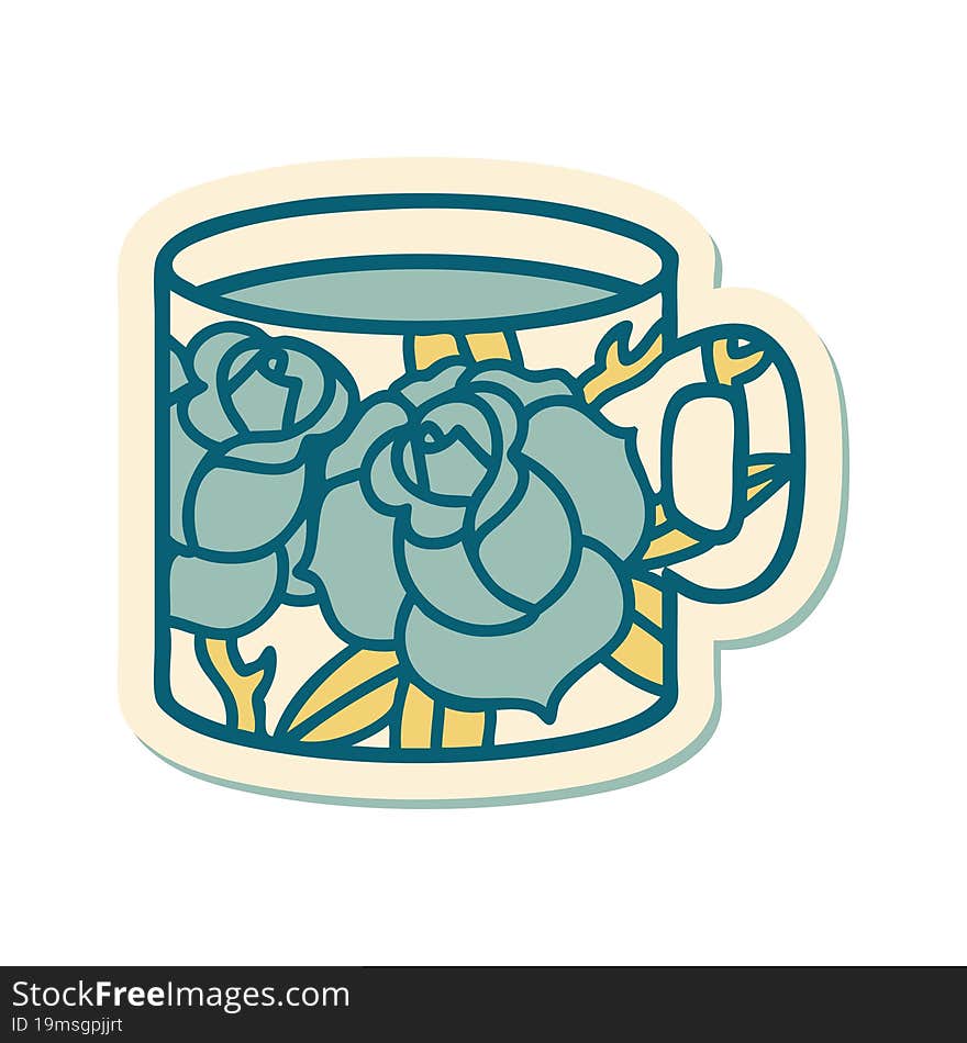 tattoo style sticker of a cup and flowers